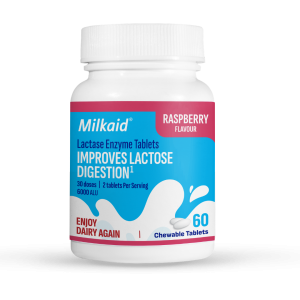 Front-facing product image of a white bottle of Milkaid Raspberry Flavour Lactase Enzyme Tablets on a black background. The label states the chewable tablets improve lactose digestion, provide 30 doses (2 tablets per serving), contain 6000 ALU, and include 60 chewable tablets, with the tagline "Enjoy Dairy Again."