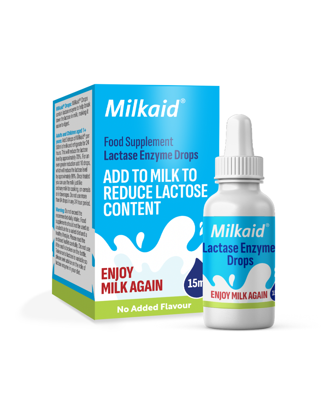 Product image of a Milkaid Lactase Enzyme Drops food supplement featuring a blue and white 15 ml box alongside a matching white dropper bottle on a black background. The packaging states the drops are added to milk to reduce lactose content, are unflavoured, and feature the tagline "Enjoy Milk Again."