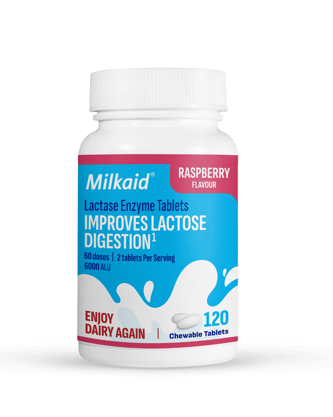 Front-facing product image of a white bottle of Milkaid Raspberry Flavour Lactase Enzyme Tablets on a black background. The label states that the chewable tablets improve lactose digestion, provide 60 doses (2 tablets per serving), contain 6000 ALU, and include 120 chewable tablets, with the tagline "Enjoy Dairy Again."